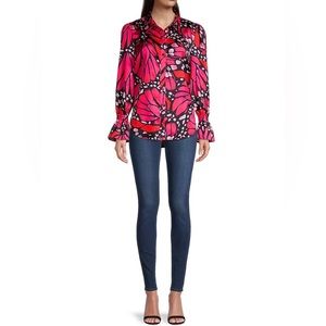 $295 MILLY Wo Lacey Butterfly Satin Button-Up Blouse Pink/Multi Size M